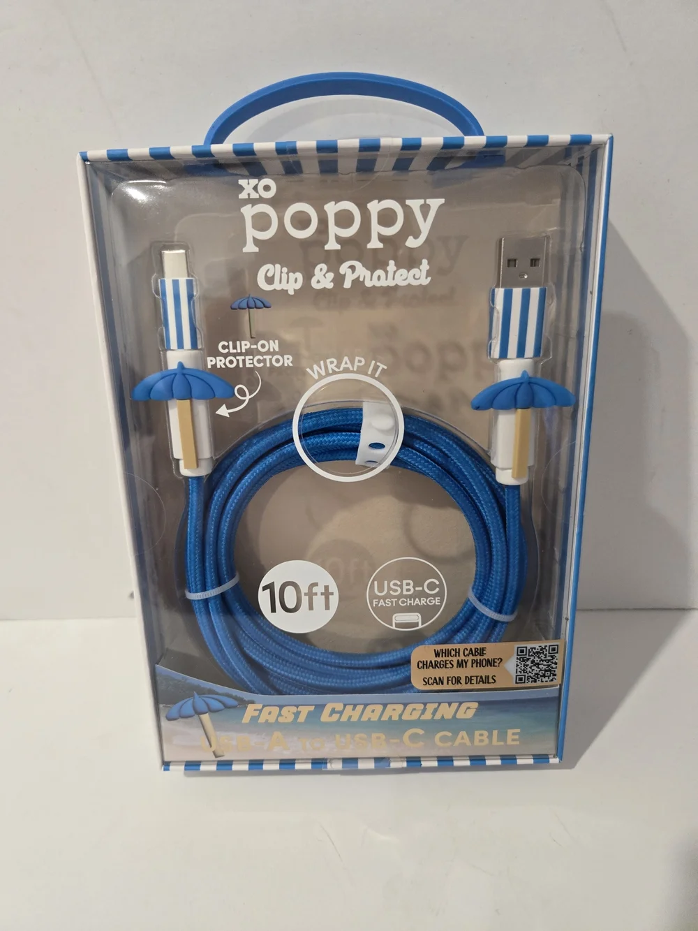 XO Poppy 10ft USB-A to USB-C Fast Charging Cable Blue